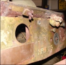 Halftrack dash panel exterior showing instrument holes and MPH markings