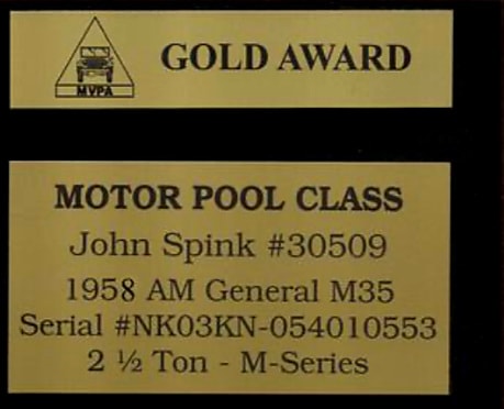 MVPA Gold Award plaque — Motor Pool Class, 1958 AM General M35, John Spink #30509