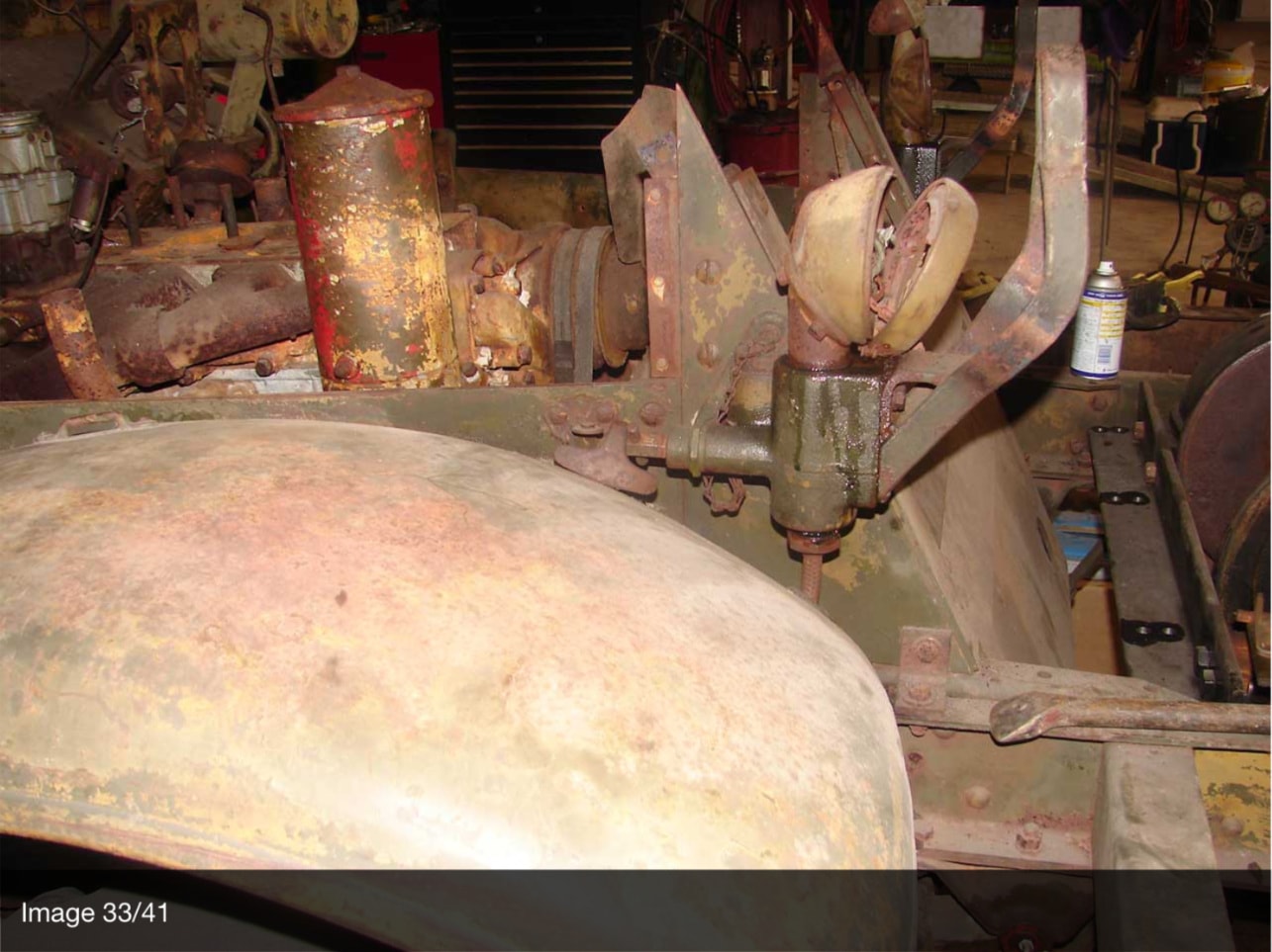 Halftrack hood and engine bay top view with rusted components